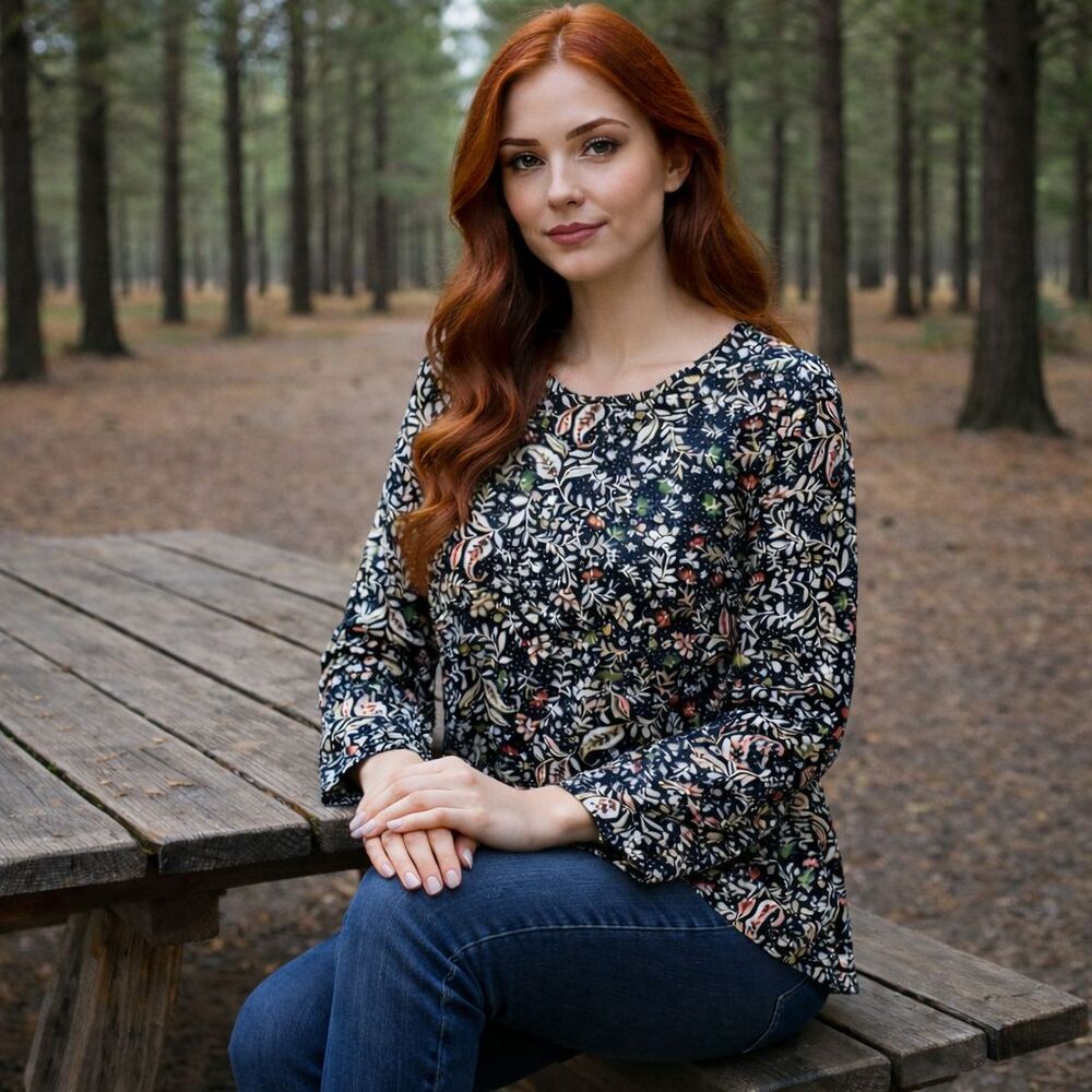 J. Jill Pima Cotton Crew Neck  High-Low‎ Long Sleeve Floral Paisley Tee Size L